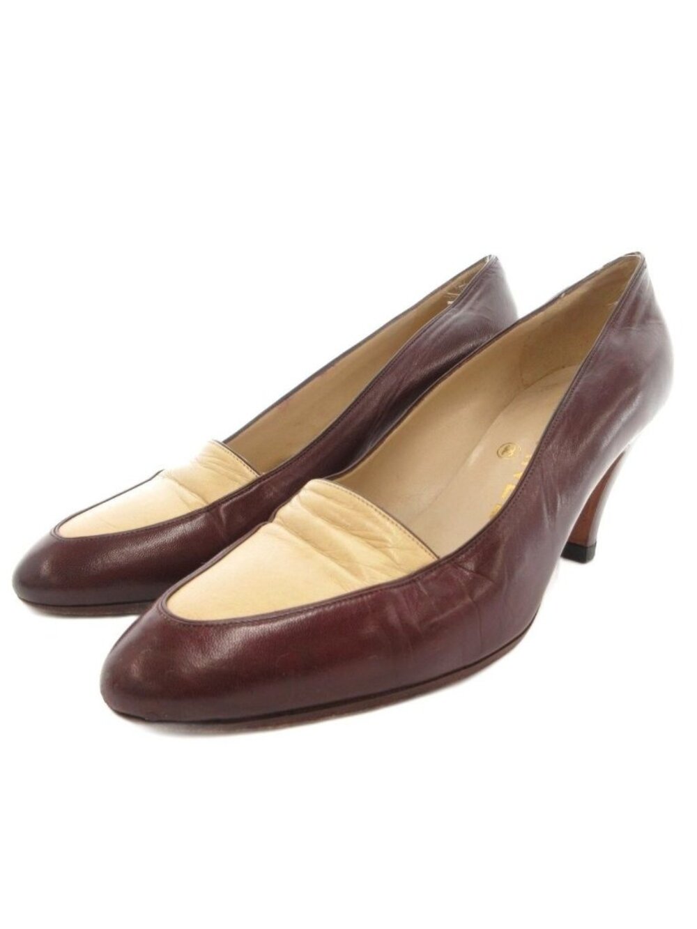 Chanel Vintage Bicolor Pumps Leather Shoes Burgundy Beige 4